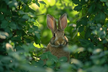 Wild rabbit peeking through green leaves in a sunny summer forest