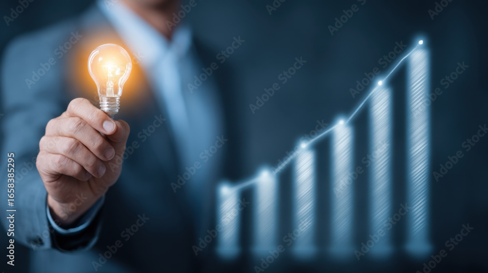 Poster innovative idea represented by light bulb held by business professional, symbolizing growth and succ