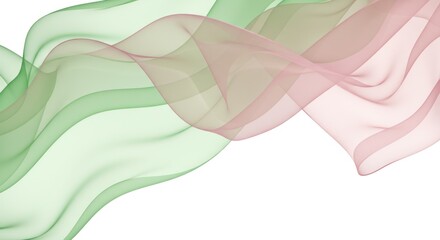 Abstract flowing translucent fabric in shades of green and pink, softly curving and overlapping against a white background, creating a sense of movement and ethereal lightness