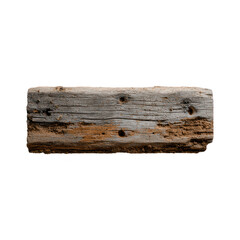Fototapeta premium A textured piece of weathered wood with visible knots and aged surfaces, set against a white isolated background, perfect for showcasing natural materials and rustic elements.