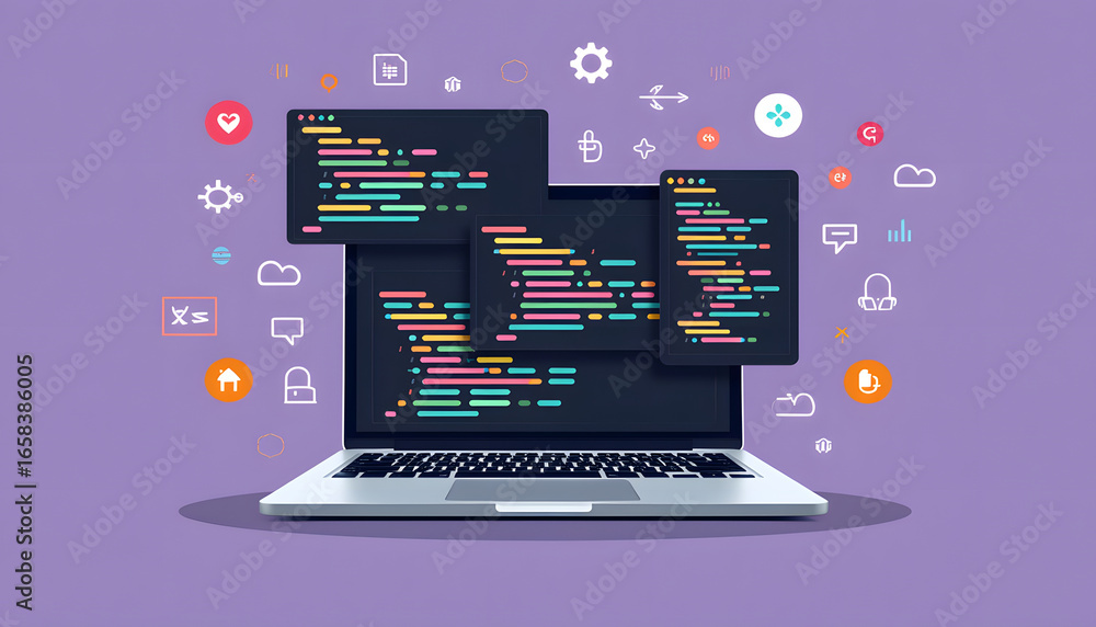 Poster laptop with coding screens and icons, representing software development and digital technology.