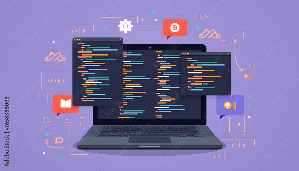 Poster the illustration features a laptop displaying code, surrounded by icons, suggesting software develop