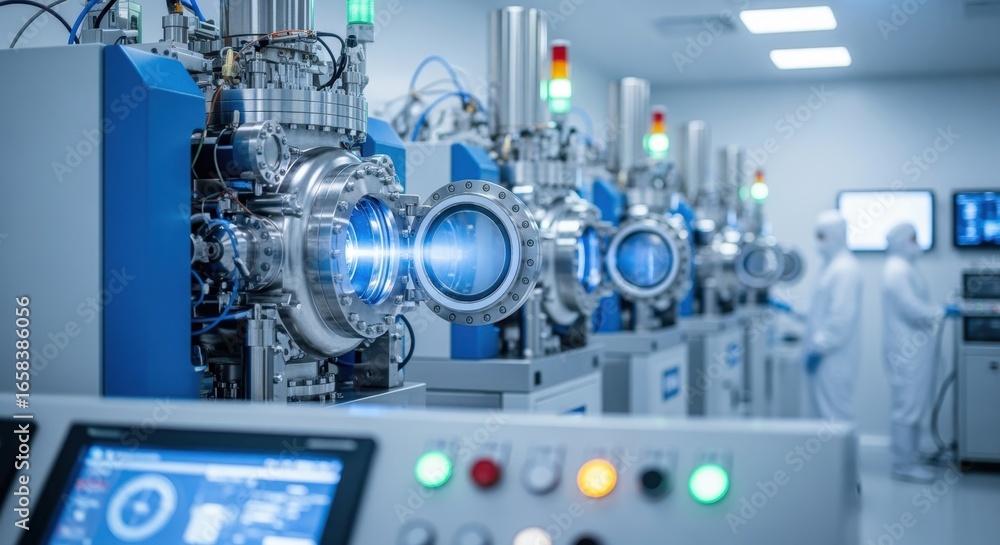Poster Modern MOCVD reactor modules in a controlled environment producing galliumnitride layers for durable power semiconductor devices.