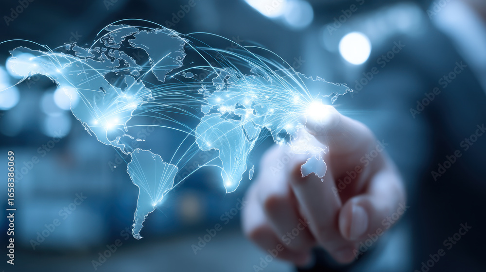 Poster person interacts with digital world map, showcasing global connectivity through illuminated lines re