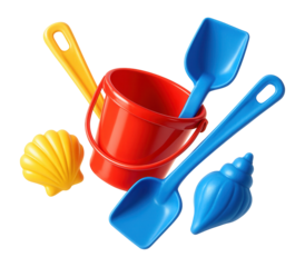 Colorful beach toys with a red bucket, yellow and blue shovels, and shell-shaped sand molds.