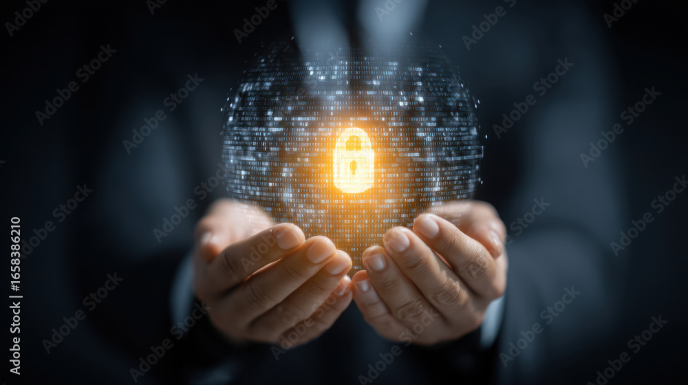 Poster digital security concept with glowing padlock symbol surrounded by binary code, held in hands. repre