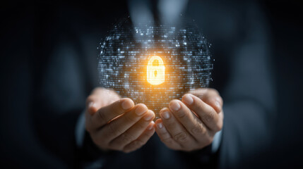 Digital security concept with glowing padlock symbol surrounded by binary code, held in hands. Represents protection, technology, and cybersecurity in modern context