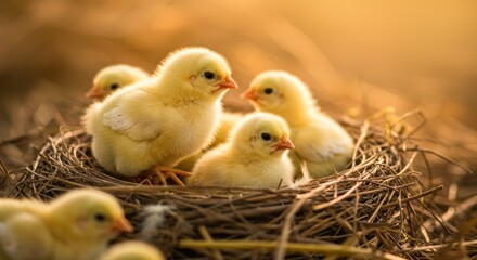 A soft-focus image showcases five fluffy yellow chicks nestled in a small, natural-looking nest, bathed in warm, golden light