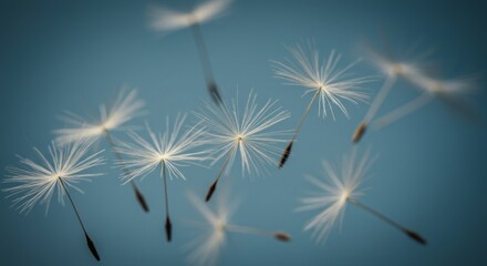 Naklejka premium Delicate dandelion seed heads float against a blurred, teal-blue background, capturing a moment of ethereal beauty and movement