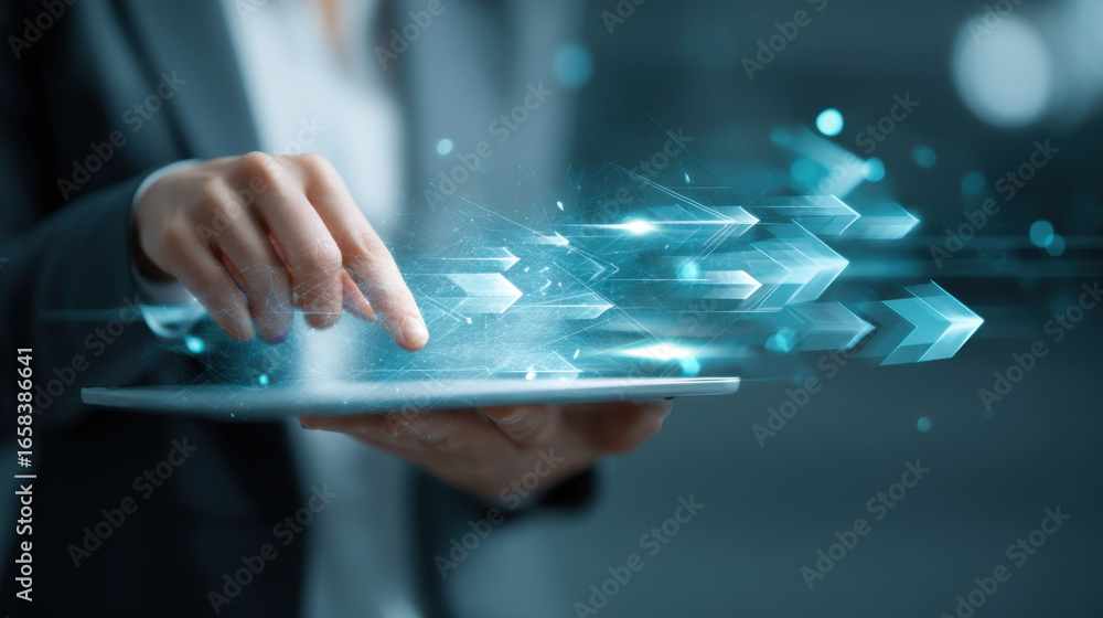 Aufkleber person interacts with digital tablet, showcasing futuristic interface with glowing arrows and data s