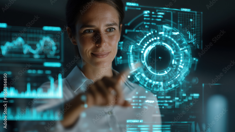 Poster woman interacts with futuristic holographic interface, displaying various data visualizations and gr