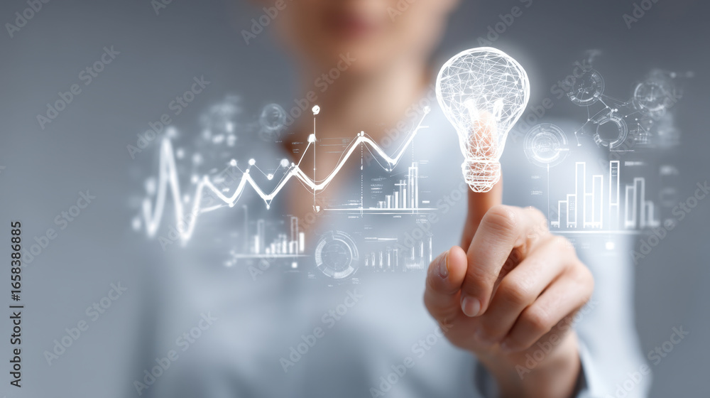 Poster innovative woman touching glowing light bulb symbolizing ideas and creativity, with digital graphs a