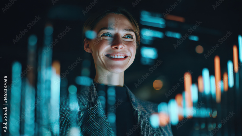 Poster woman smiles while looking at digital data visualizations on screen, showcasing graphs and statistic
