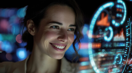 Smiling woman technology data visualization digital interface futuristic analytics glowing screen professional innovation excitement modern workspace close up happy expression businesswoman