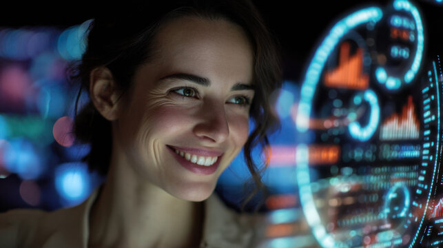 Smiling woman technology data visualization digital interface futuristic analytics glowing screen professional innovation excitement modern workspace close up happy expression businesswoman