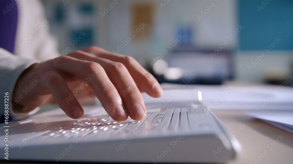 Poster close medium shot capturing a blind learners hand interacting with an adaptive braille device showin