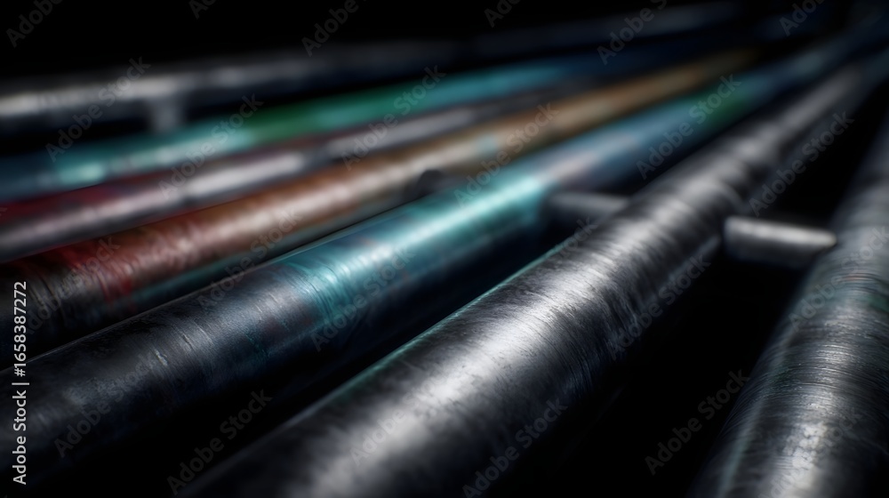 Poster metallic pipelines with technical reflections in an industrial setting
