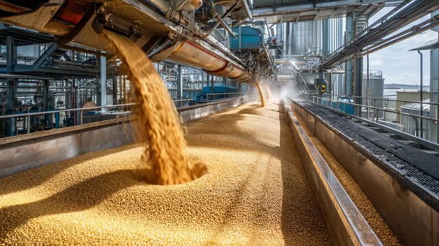 Industrial grain processing plant with modern equipment pouring harvested wheat for food production