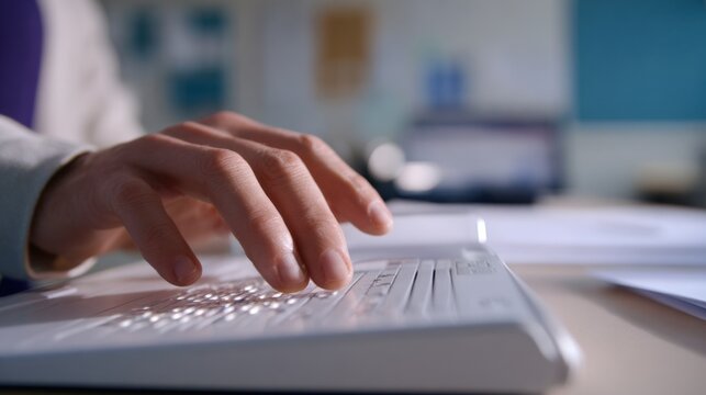 Close medium shot capturing a blind learners hand interacting with an adaptive Braille device showing tactile diagrams the device crisp and clear softly blurred STEM classroom