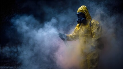 Hazmat worker spraying decontamination in emergency situation