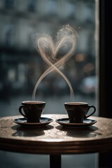 Two Coffee Cups with Heart-Shaped Steam on Wooden Table near Window