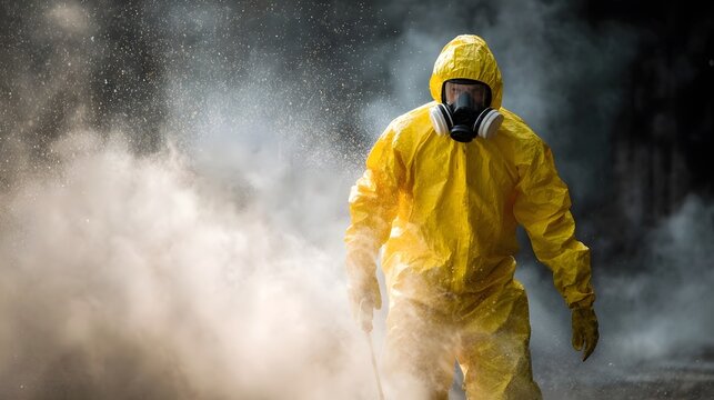 Hazmat worker in protective suit spraying decontamination at emergency scene