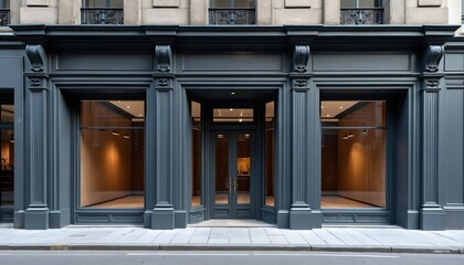 Elegant storefront facade featuring dark gray architectural details, large display windows. Vacant commercial space offers classic yet modern design with glass doors, clean lines, perfect for upscale