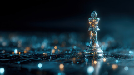 Close up view of shiny chess king piece illuminated by soft lights, symbolizing strategy and competition digital environment. background features blurred chessboard with glowing elements