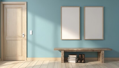 Interior scene featuring light blue wall with two empty rectangular photo frames. Rustic wooden bench sits below frames, holding books, boots. Light wood door on left, with sunlight casting shadows