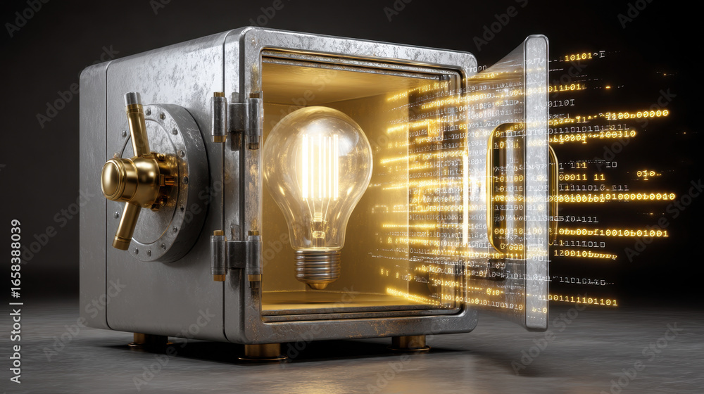 Poster metallic safe with open door reveals glowing light bulb inside, symbolizing concept of safeguarding 
