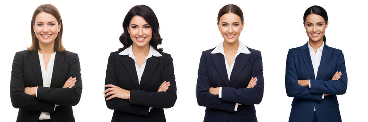 Collection of business women crossed arms isolated on white or transparent background