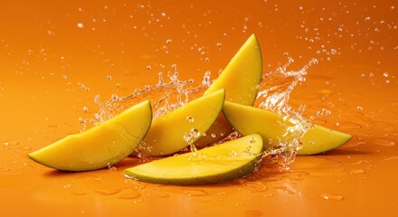 Sliced golden fruit pieces are mid-air, surrounded by a splash of refreshing water, against a vibrant orange background. The composition conveys freshness