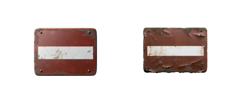 Two old rusty no entry signs with weathered surfaces and faded white horizontal stripes
