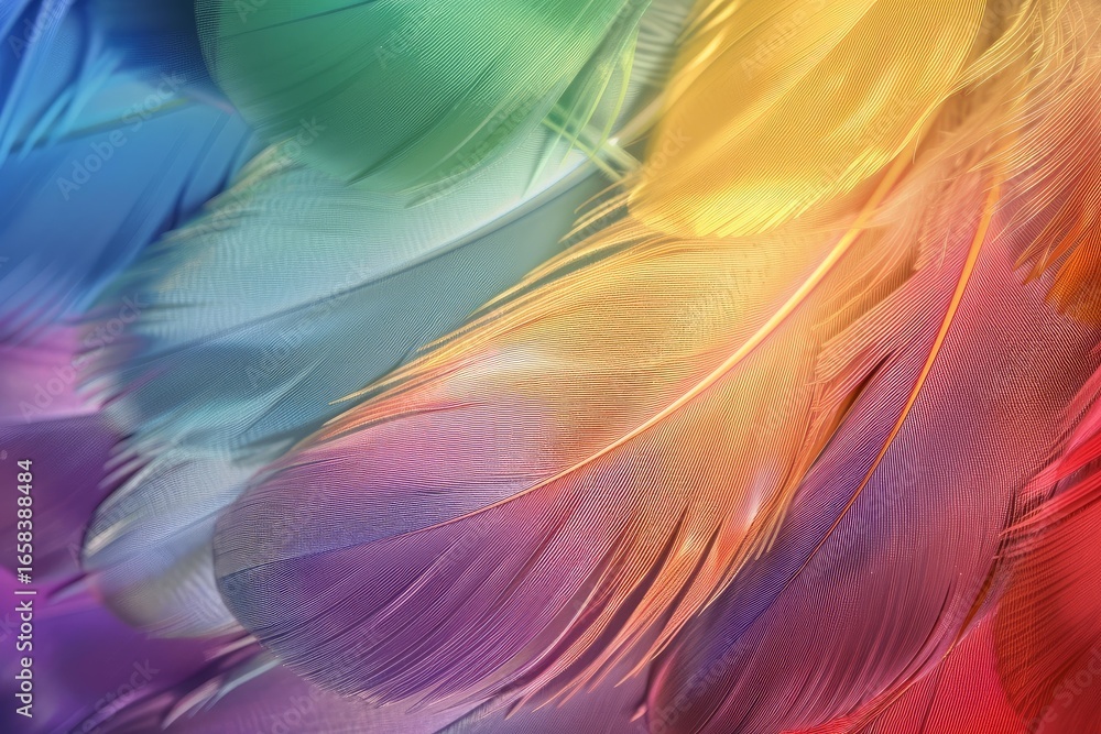 Poster beautiful feathers showing a gradient of rainbow colors, creating a soft and vibrant background