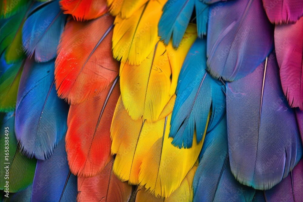 Aufkleber brightly colored feathers arranged in overlapping layers, forming a vibrant and textured backdrop