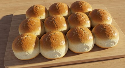 Twelve golden, freshly baked rolls arranged on a light-colored wooden cutting board. The buns have a glossy surface and sit atop a wood table