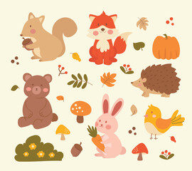 Obraz premium Cute Autumn Woodland Animals Collection. Perfect for children’s designs, nursery prints, greeting cards, and seasonal illustrations.
