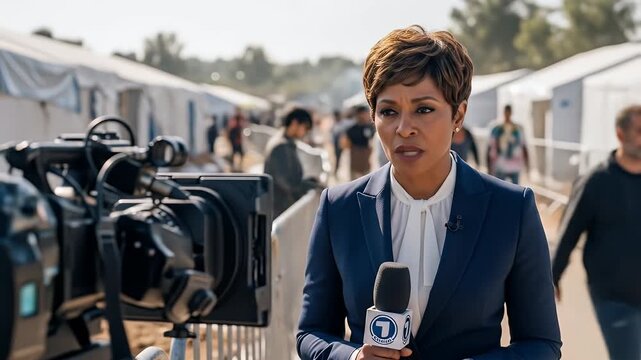 Female Reporter in Blue Suit Reporting from Refugee Camp