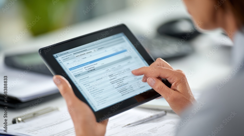 Aufkleber person reviewing xbrl validation errors on a tablet main error messages in sharp focus desk and docu