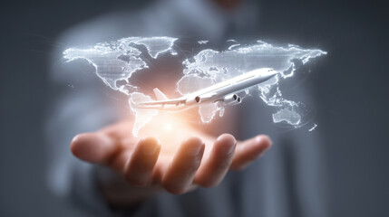 Person holds holographic representation of world map with airplane above it, symbolizing global travel and connectivity. image conveys sense of innovation and modern technology aviation industry