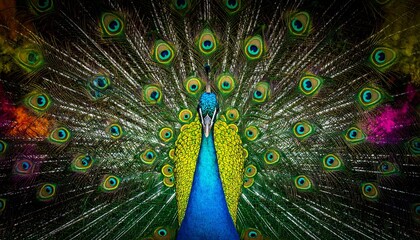 Obraz premium Majestic peacock fully displaying vibrant iridescent feathers