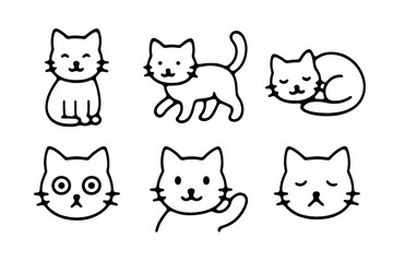Obraz premium Minimal cat emoji line art icon set featuring six unique designs. Perfect for stickers, pet illustrations, kids’ projects, social media graphics, and vector design templates.