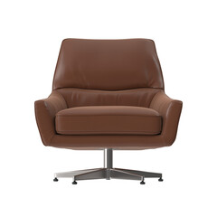Modern Swivel Armchair, Metal Base, Brown Leather, Front View 3D Render