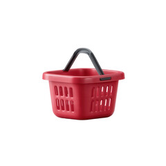 Fototapeta premium A vibrant red plastic shopping basket with a sturdy handle, isolated on a white background, perfect for grocery shopping or carrying items.