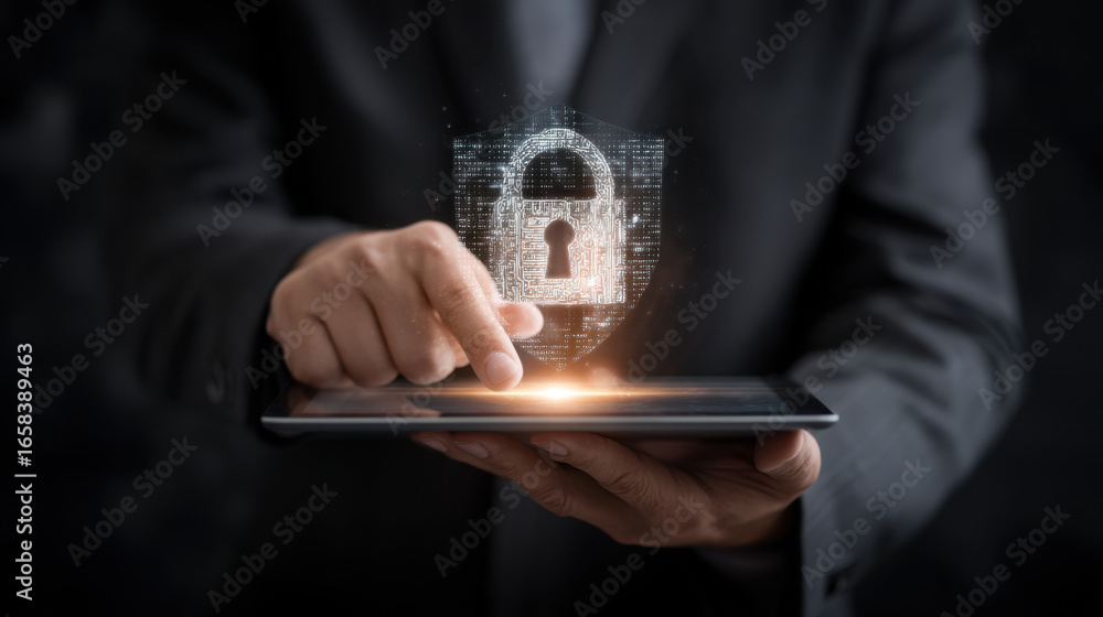 Poster digital security concept tablet lock symbol cybersecurity technology business protection data securi
