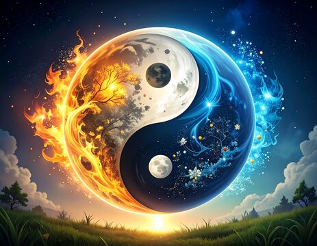 Harmonious Duality: Yin Yang Symbol Merging Fire, Water, and Celestial Elements