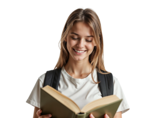 Young female student holding and reading a book isolated on transparent background