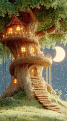 Obraz premium Fantasy treehouse at night illustration magical treehouse