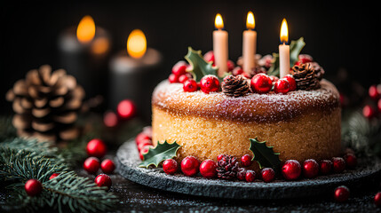 Christmas cake decorated with holly, berries and pinecones surrounded by candles and festive decor