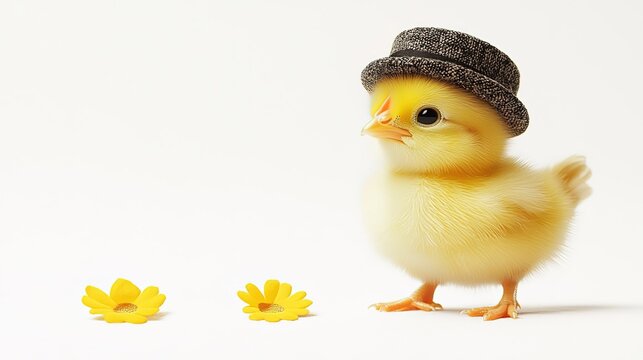Cute Yellow Chick Wearing a Hat Standing Next to Yellow Flowers 